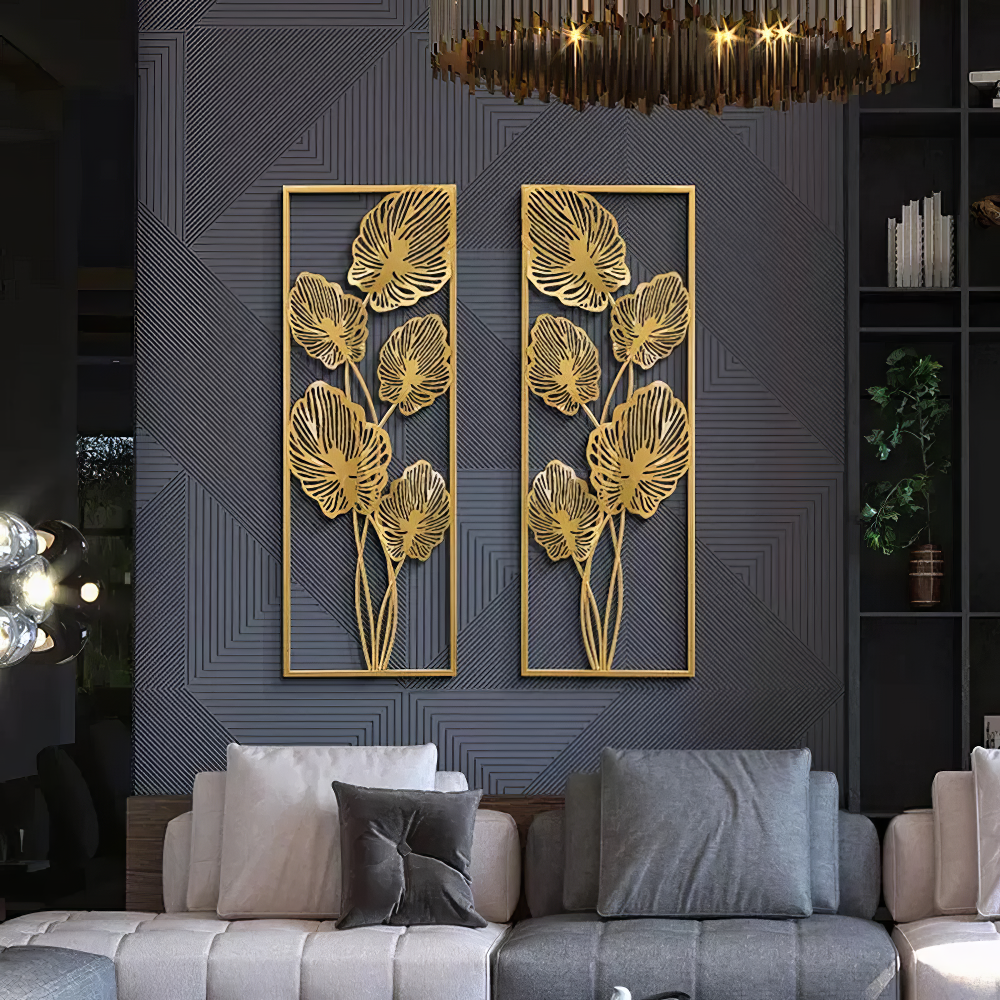 Tablou canvas cu set doua decoratiuni metalice frunze